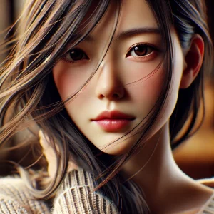 DALL·E 2024 09 07 21.18.18 A hyper realistic 8K image of a Japanese woman with a more traditional soft facial appearance including delicate features and long dark hair. Her f