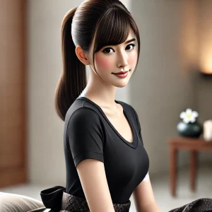 DALL·E 2024 09 29 19.01.40 A highly realistic and refined image of a slender faced Japanese woman with a hairstyle similar to the Japanese singer Uru featuring sleek straight h